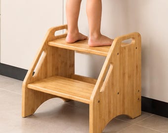 Bamboo Step Stool For Kids – Wooden Two Step Stool or Kid’s Bench For Bathroom Kitchen With Non Slip Pads And Handles