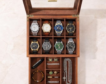 Handmade Wooden Watch Box Organizer | 8 Slot Display Case with Drawer