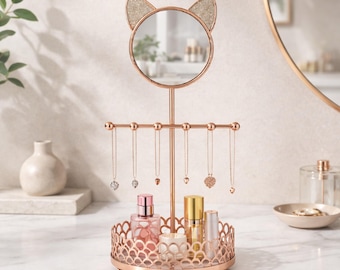 Cat Ear Jewelry Stand with Mirror | Rose Gold Necklace Organizer and Bracelet Stand
