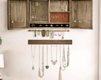 Rustic Wood Wall Mounted Jewelry Organizer Cabinet: Farmhouse Style