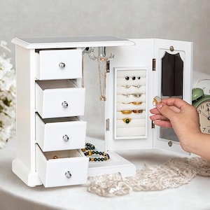 White jewelry organizer box , 4 Drawers, Necklace Carousel & Ring Holder | Elegant Storage Case |  Perfect jewelry box for women