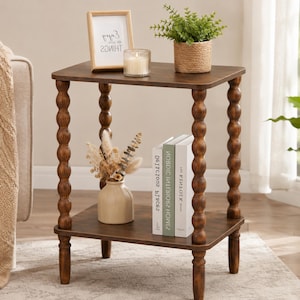 2 Tier Side Table With Storage Shelf for Living Room – Rustic Wood End Table With Spindle Legs