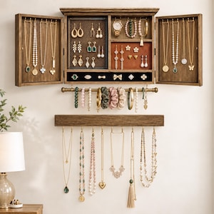 Rustic Wood Wall Mounted Jewelry Organizer Cabinet: Farmhouse Style