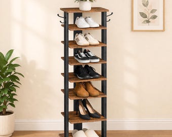 8-Tier Vertical Shoe Rack: Rustic Brown Entryway Organizer with Hooks