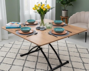 Adjustable Height Lift Top Coffee Table, Expandable Dining Table, Modern Convertible Table with Wheels, MDF Oval Edge Table