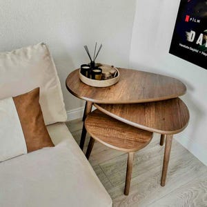 Rustic Nesting Coffee Tables Set, Walnut Wood End Tables, Mid Century Modern Oval Table Set, Living Room Furniture, Country Decor