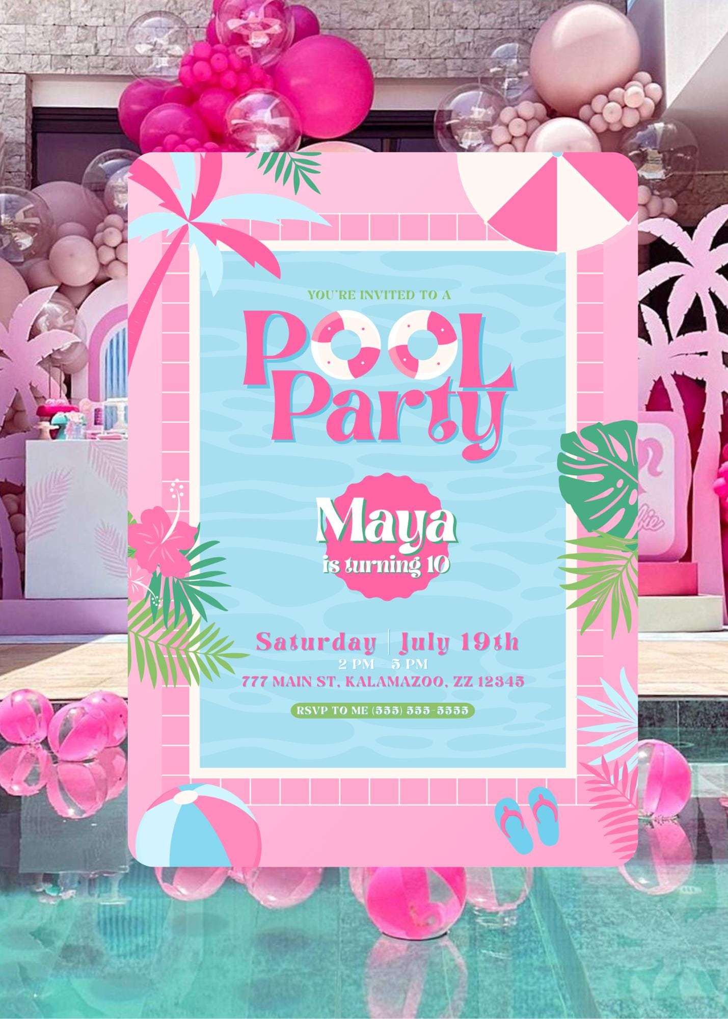 Tropical Pool Party Invitation: Pink & Blue Canva Template (digital ...