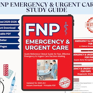 Può includere: Una guida allo studio rossa e bianca intitolata "FNP Emergency & Urgent Care" con il testo "Aggiornato 2025-2026" e "Download istantaneo". La guida include un'illustrazione medica ed è etichettata come "Più venduto" con "60+ pagine".