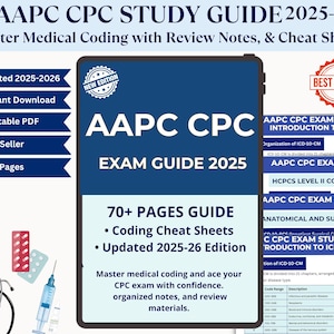 Op de afbeelding: Een blauw-witte studiehandleiding getiteld "AAPC CPC EXAM GUIDE 2025" met de tekst "Bijgewerkte editie 2025-2026". De gids bevat coding cheat sheets en meer dan 70 pagina's. Medische benodigdheden en een stethoscoop staan in de afbeelding.