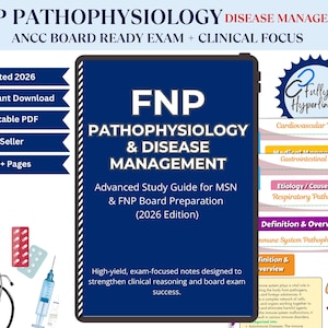 Puede incluir: Una guía de estudio digital titulada "FNP Pathophysiology & Disease Management" para la preparación de la junta de MSN y FNP. La portada es azul oscuro con texto blanco e incluye el texto "Actualizado 2026", "Descarga instantánea" y "PDF imprimible". La guía tiene más de 120 páginas.