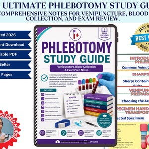 May include: A digital phlebotomy study guide featuring the title Phlebotomy Study Guide, Venipuncture, Blood Collection & Exam Prep Notes. The cover displays a gloved hand holding a blood collection tube, a rack of tubes, and a stack of books.