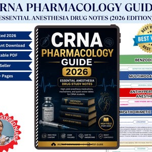 Może przedstawiać: Cyfrowy przewodnik zatytułowany "CRNA Pharmacology Guide 2026" z "Essential Anesthesia Drug Notes". Okładka zawiera stos książek, strzykawkę i fiolkę Propofolu. Zawiera ikony "Zaktualizowano 2026", "Natychmiastowe pobieranie" i "PDF do wydruku".