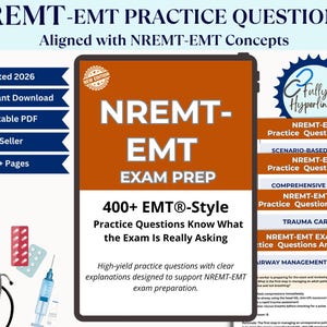 May include: An orange and black exam prep book titled "NREMT-EMT EXAM PREP" with the text "400+ EMT®-Style Practice Questions Know What the Exam Is Really Asking." Includes medical supplies and a stethoscope. Features "Updated 2026" and "Instant Download."