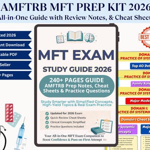 Puede incluir: Una guía de estudio para el examen MFT, titulada "MFT EXAM STUDY GUIDE 2026". La guía incluye notas de preparación, hojas de trucos y preguntas de práctica. Es una guía completa con notas de revisión y hojas de trucos.
