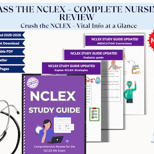 Può includere: Una guida allo studio NCLEX viola con il testo "NCLEX STUDY GUIDE" e "Comprehensive Review for the NCLEX-RN Exam". L'immagine include anche uno stetoscopio e altre guide allo studio.