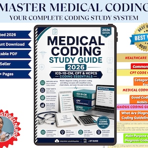 Puede incluir: Una guía de estudio de codificación médica 2026 con elementos esenciales de ICD-10-CM, CPT y HCPCS. La portada muestra un estetoscopio, una calculadora, un cuaderno y una computadora portátil. El texto incluye Master Medical Coding, Your Complete Coding Study System y 200+ Pages. Es un recurso PDF imprimible.