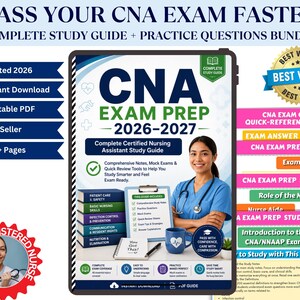 Op de afbeelding: Een studiehandleiding voor het CNA-examen, getiteld "CNA Exam Prep 2026-2027". De omslag toont een vrouw in scrubs, een koffiemok en een stethoscoop. Bevat studienotities, proefexamens en oefenvragen. De gids is een afdrukbare PDF.