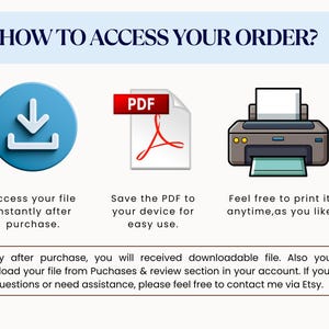 May include: An infographic with the text "HOW TO ACCESS YOUR ORDER?" shows a blue download icon, a PDF icon, and a printer icon. The text explains how to access and print a downloadable file after purchase. Additional text provides instructions and contact information.