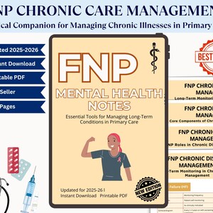 May include: A digital guide titled "FNP Mental Health Notes" with the text "Essential Tools for Managing Long-Term Conditions in Primary Care." The image includes medical symbols, a "Best Seller" badge, and a graphic of a person. Updated for 2025-2026.