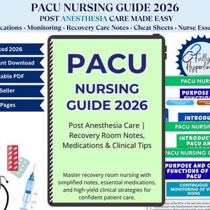 Może przedstawiać: Cyfrowy przewodnik "PACU Nursing Guide 2026" z tekstem "Post Anesthesia Care Made Easy". Przewodnik zawiera informacje o lekach, monitoringu i opiece pooperacyjnej. Dodatkowe ikony wskazują "Zaktualizowano 2026", "Natychmiastowe pobieranie" i "PDF do wydruku".