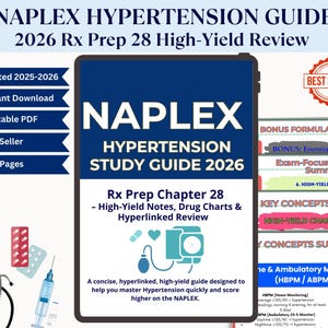 Könnte beinhalten: Ein digitales Studienhandbuch mit dem Titel "NAPLEX HYPERTENSION STUDY GUIDE 2026" mit dem Inhalt "Rx Prep Chapter 28". Das Cover ist dunkelblau mit weißem Text und enthält medizinische Illustrationen, ein Stethoskop und eine Spritze. Es ist ein Top-Seller mit über 30 Seiten.