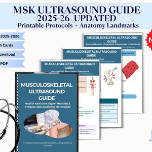 Puede incluir: Un conjunto de materiales educativos médicos, incluyendo una guía titulada "MSK Ultrasound Guide 2025-26 Updated". La guía presenta protocolos imprimibles y puntos de referencia anatómicos. Materiales adicionales incluyen tarjetas flash y un PDF imprimible. También hay un estetoscopio e ilustraciones médicas.