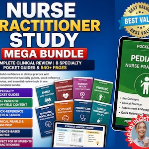 Könnte beinhalten: Ein Nurse Practitioner Studienpaket mit acht spezialisierten Taschenleitfäden, über 540 Seiten klinischer Übersicht und Schnellreferenznotizen. Das Set enthält Leitfäden für Familie, Erwachsenengerontologie, Frauengesundheit, Pädiatrie, Psychiatrie, Akutversorgung, Primärversorgung und klinische Pharmakologie.