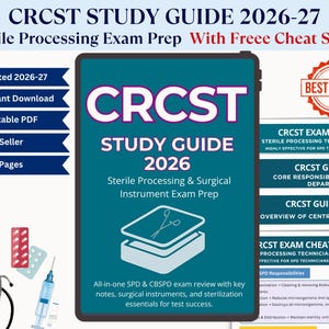 May include: A teal study guide titled "CRCST STUDY GUIDE 2026" with the text "Sterile Processing & Surgical Instrument Exam Prep." Includes a "Best Seller" badge, and icons for instant download and printable PDF. Also features medical instruments.