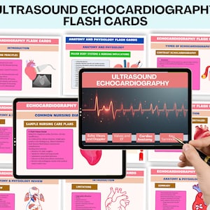 May include: A collection of flash cards for ultrasound echocardiography. The cards feature titles like "Introduction," "Anatomy and Physiology," and "Types of Echocardiography." The image includes a tablet displaying a red and white graphic of a heartbeat.