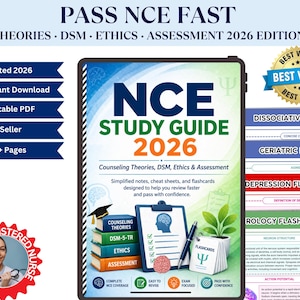以下が含まれることがあります： 「NCE Study Guide 2026」というタイトルの学習ガイド。テキストは「Counseling Theories, DSM, Ethics & Assessment」です。表紙には本、クリップボード、ペン、フラッシュカードが描かれています。ガイドは「Updated 2026」と「Top Seller」と表示されています。