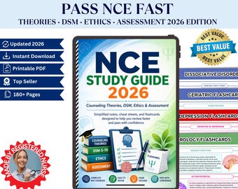 NCE Study Guide 2026 | Counseling Theories, DSM, Ethics & Assessment | Cheat Sheets + Flashcards for Exam Prep (PDF)