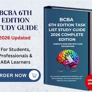 May include: A blue book titled "BCBA 6th Edition Task List Study Guide 2026 Complete Edition." The cover features a colorful brain graphic and the text "Complete Exam Prep with Clear Explanations." Additional text includes "For Students, Professionals & ABA Learners."