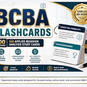 May include: A set of 500 BCBA flashcards for Applied Behavior Analysis study. The cards are bound by a metal ring and feature text on discrete trial training and positive reinforcement. Includes a gold seal labeled Complete ABA Review.