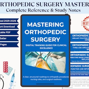 May include: A digital guide titled "Mastering Orthopedic Surgery" with a blue cover, featuring surgical imagery. The guide includes study notes and is a complete reference. Additional elements include a "Best Seller" badge and medical tools.