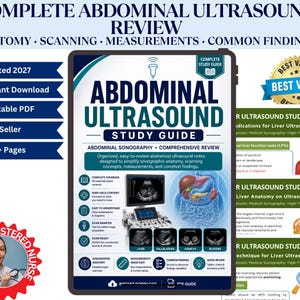 Peut inclure: Un guide d'étude numérique intitulé Abdominal Ultrasound Study Guide présentant une revue complète de l'anatomie, de l'imagerie, des mesures et des résultats courants. La couverture affiche des illustrations médicales et du texte.