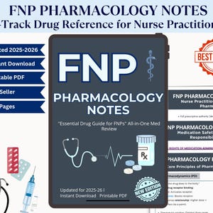 Op de afbeelding: Een digitale studiehandleiding getiteld "FNP Pharmacology Notes" voor verpleegkundigen. De omslag is donkergrijs met witte tekst en medische illustraties. Bevat "Bijgewerkt 2025-2026", "Direct downloaden" en "Afdrukbare PDF".