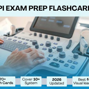 Könnte beinhalten: Ein Bild eines Ultraschallgeräts mit dem Text "SPI EXAM PREP FLASHCARDS." Das Bild enthält auch den Text "70+ Flash Cards", "Cover 10+ System", "2026 Updated" und "Best for Visual learners."