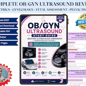 May include: A digital study guide titled OB/GYN ULTRASOUND STUDY GUIDE featuring obstetric and gynecologic sonography content. The cover displays medical ultrasound images, icons for assessment, measurements, and biometry, plus text about fetal assessment and pelvic imaging. It includes a best value badge and a registered nurse seal.