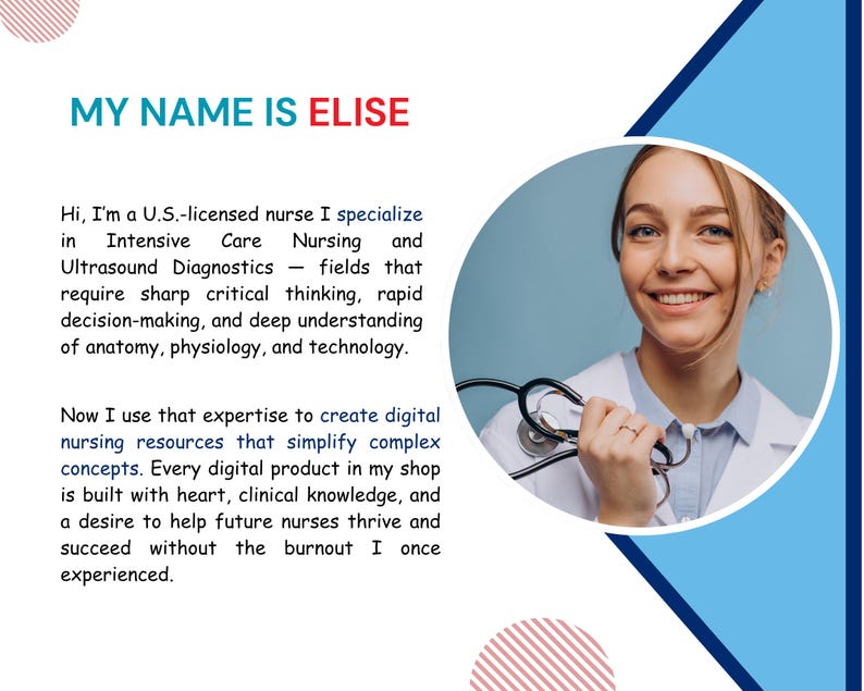 May include: A graphic with the text "MY NAME IS ELISE" in teal and red. A smiling woman in a white coat holds a stethoscope. The text describes her expertise in nursing and creating digital resources.