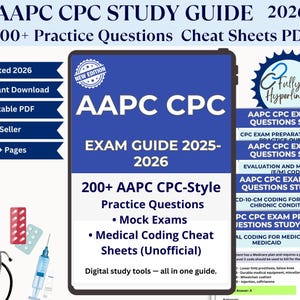 以下が含まれることがあります： AAPC CPC試験のデジタル学習ガイド。青と白のデザインで、練習問題、模擬試験、医療コーディングのチートシートが含まれています。インスタントダウンロードと印刷可能なPDF形式。
