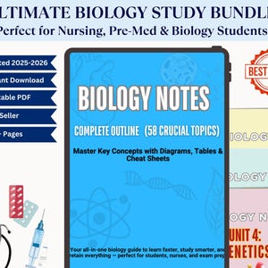 May include: A digital biology study guide titled "Biology Notes" with a blue cover. The guide includes a complete outline of 58 topics, diagrams, tables, and cheat sheets. Additional elements include a stethoscope, syringe, and medicine. The guide is labeled as a "Top Seller".