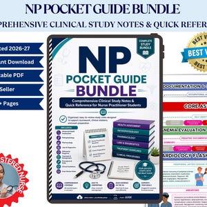 May include: A digital NP Pocket Guide Bundle featuring comprehensive clinical study notes and quick reference materials for nurse practitioner students. The cover displays a stack of textbooks, a stethoscope, and a spiral notebook with text.