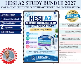 HESI A2 Nursing Exam Study Bundle 2027, 600 Questions, Flashcards, Cheat Sheets (Digital Download)