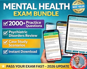 Paquete de preparación para el examen de salud mental / Preguntas de práctica para PMHNP, LCSW y BCBA 2000 (descarga digital)
