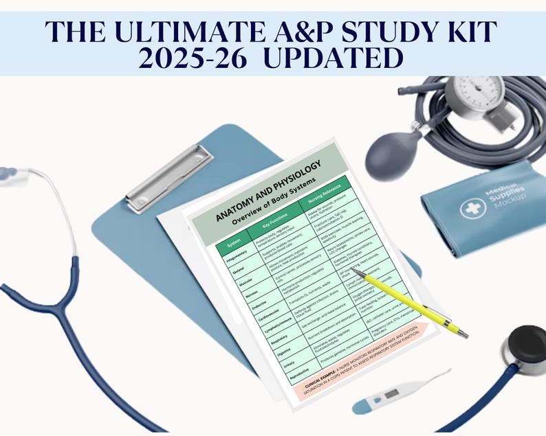 May include: A medical study kit with a clipboard, anatomy chart, stethoscope, blood pressure cuff, and thermometer. The chart is titled "Anatomy and Physiology" and includes a yellow pen. The text at the top reads "THE ULTIMATE A&P STUDY KIT 2025-26 UPDATED."