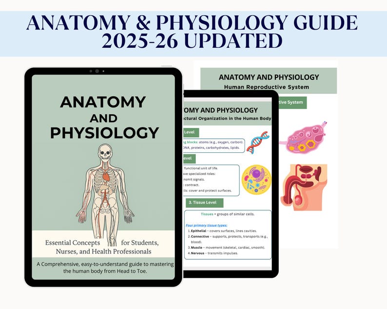 May include: Anatomy and Physiology guide on a tablet, with the title "Anatomy & Physiology Guide 2025-26 Updated." The cover features a human anatomy illustration. Additional tablets display diagrams of the human body.