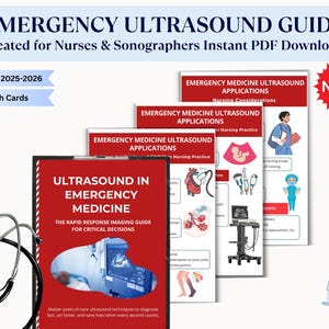 May include: A medical guide titled "Emergency Ultrasound Guide" with the text "Created for Nurses & Sonographers." The guide includes a red book titled "Ultrasound in Emergency Medicine" and several informational sheets with medical illustrations.