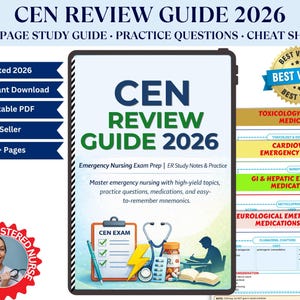 Puede incluir: Una guía de estudio titulada "CEN Review Guide 2026" con el texto "115+ Page Study Guide, Practice Questions, Cheat Sheets". La portada presenta una tableta estilizada con el título en verde y azul, e iconos para "Updated 2026", "Instant Download" y "Printable PDF".