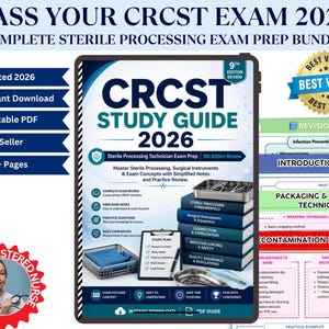 Può includere: Una guida allo studio per l'esame CRCST 2026, con il titolo "CRCST STUDY GUIDE 2026". L'immagine mostra una pila di libri sulla lavorazione sterile, gli strumenti chirurgici e il controllo delle infezioni. Include "9th Edition Review."