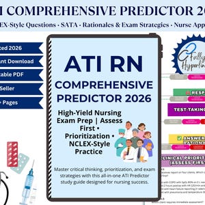 Puede incluir: Una guía de estudio digital titulada "ATI RN Comprehensive Predictor 2026" para la preparación del examen de enfermería. La guía incluye preguntas estilo NCLEX, estrategias de examen y práctica de priorización. Descarga instantánea, PDF imprimible y más de 230 páginas.